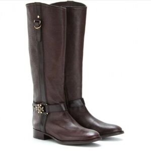 Tory Burch Elina Pebbled Logo tall riding boots.